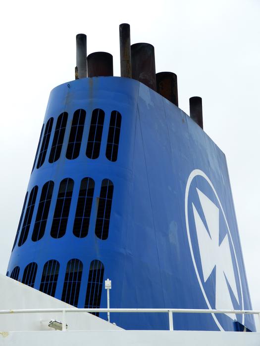 Closeup of the blue and white fireplace chimney of the ferry