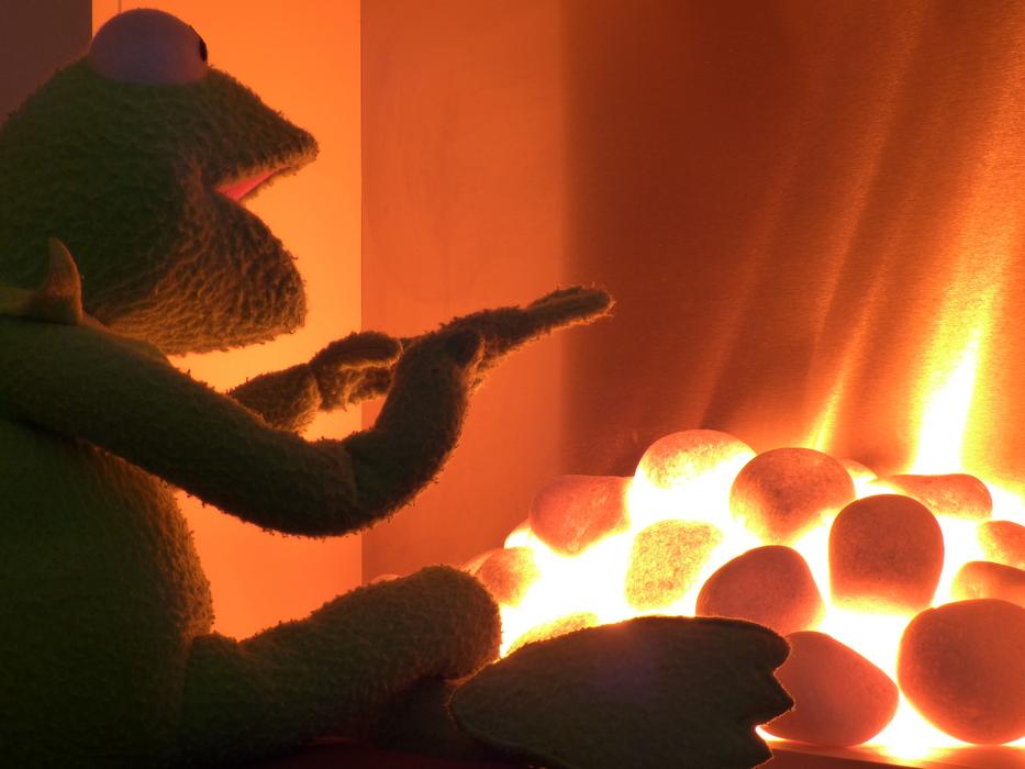 Kermit Frog Next To Fireplace