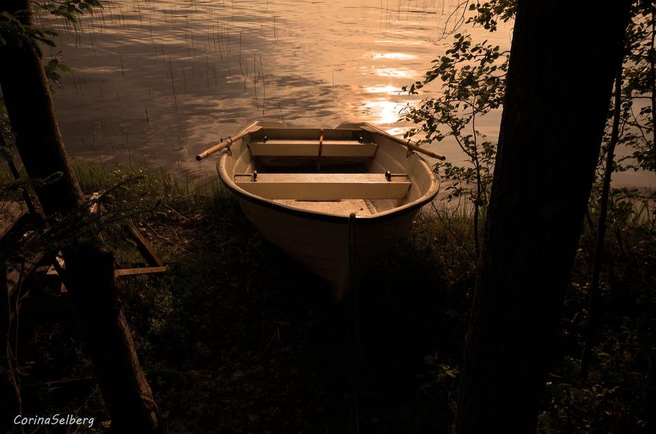wooden boat by the lake in the evening