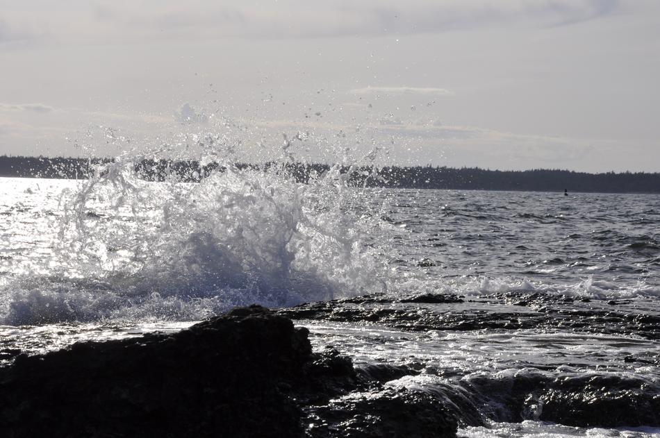 Splash of Water on rocky coast at dusk
