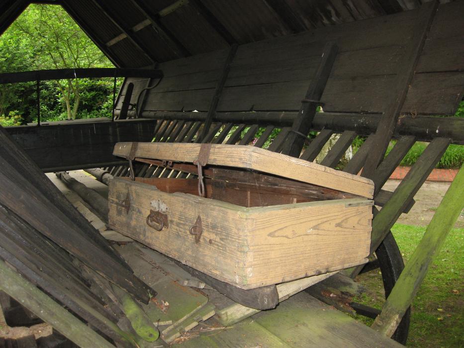 wooden luggage suitcase in the carriage