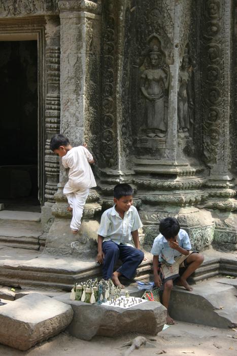 Kids near the beautiful temple in Angkor, Cambodia