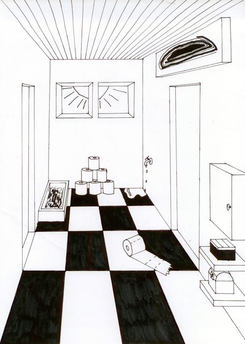 Black and white drawing of the toilet room, with vanishing point, clipart
