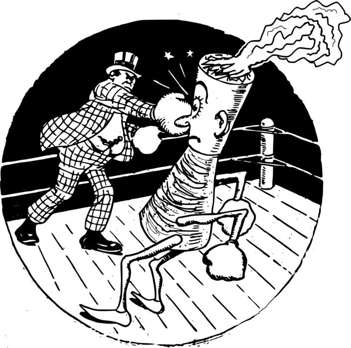 Black and white drawing with the man in hat, boxing with cigarette, on the ring