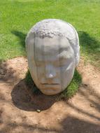 stone head of a sleeping man in the garden