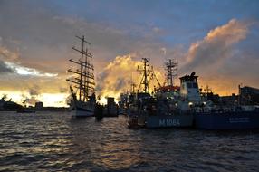 Sailing ship in Hamburg Port at sunset