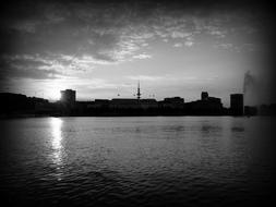 black and white, buildings on the river alster, Hamburg