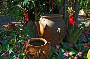 Flower Bed and Clay Pots in Park