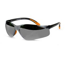 Orange, black and grey design of sunglasses, at white background, clipart