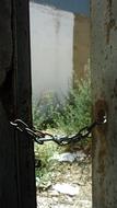View of the walls and plants in sunlight, behind the door with the chain