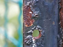 rust on a metal fence on a blurred background