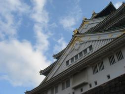 Beautiful Osaka Castle in Japan, under the blue sky with clouds