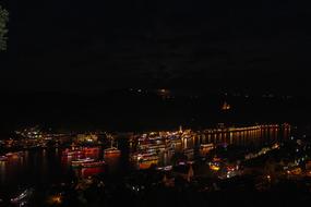 Beautiful landscape of the coast of Rhine, with colorful lights, in St Goar, Germany, at the night