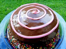 Close-up of the colorful, shiny party cake with decorations, near the green grass