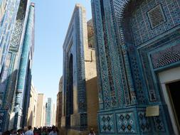 Beautiful Shohizinda with patterns, in sunlight and shadows, in Samarkand, Uzbekistan