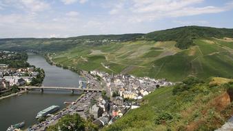 Beautiful landscape of Mosel, with colorful mountains with plants, in Germany