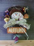 Colorful and beautiful autumn decoration with sign, doll and other details