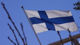 Blue and white flag of Finland, near the plants, under the blue sky