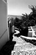 Black and white photo of the beautiful landscape with the staircase, in Crete, Greece