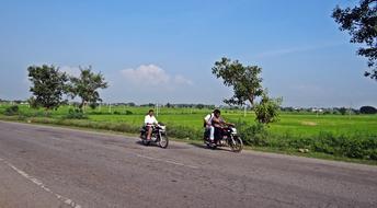 Bike Riders on Highway and Paddy Field