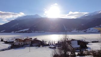 landscape of Reschensee at Winter Italy