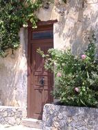 Beautiful, old door of the building, among the plants with flowers