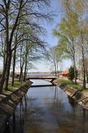 Beautiful landscape of the park with lake with the bridge, among the plants, in Poland