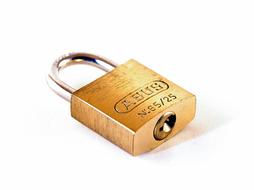 Close-up of the shiny metal padlock with "Abus" sign, at white background, clipart