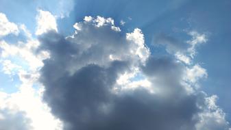 Beautiful blue sky with dark and bright clouds in sunlight