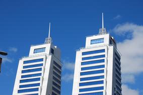 Building with blue windows in Ä°stanbul, Turkey, under the blue sky with clouds