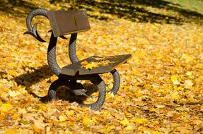 wrought iron bench in an autumn park