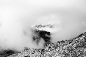 black and white, fog over a mountain in New Zealand