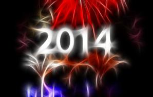 2014, white digits among colorful lights, digital art