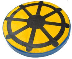 Yellow, black and blue toy wheel, at white background, clipart