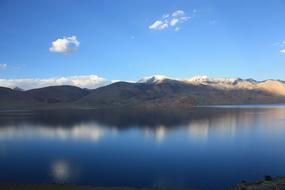 reflection of mountains in Tsomoriri lake, India