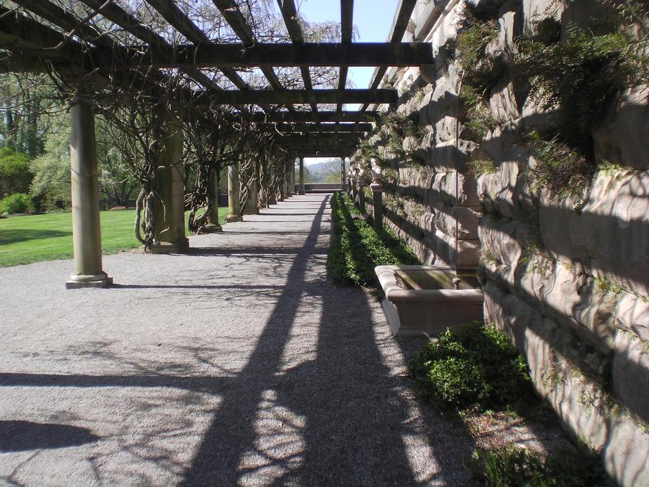 the shadow of a wooden canopy on a deserted path
