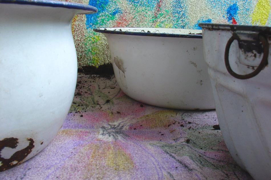 Close-up of the retro, white and black bowl, near the colorful wall