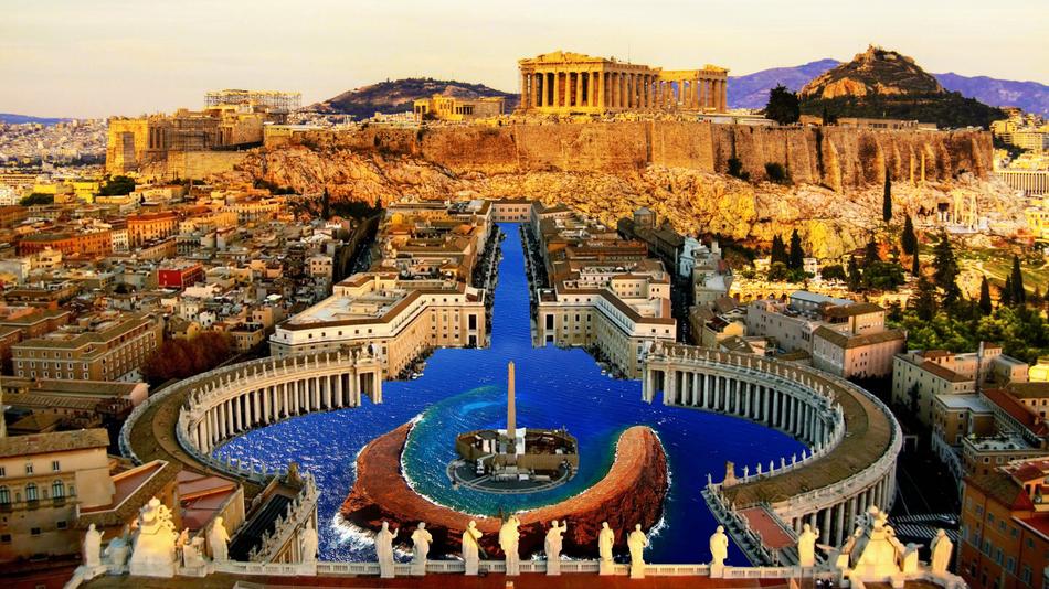 ancient greek temple and St Peter’s Square Underwater, digital art