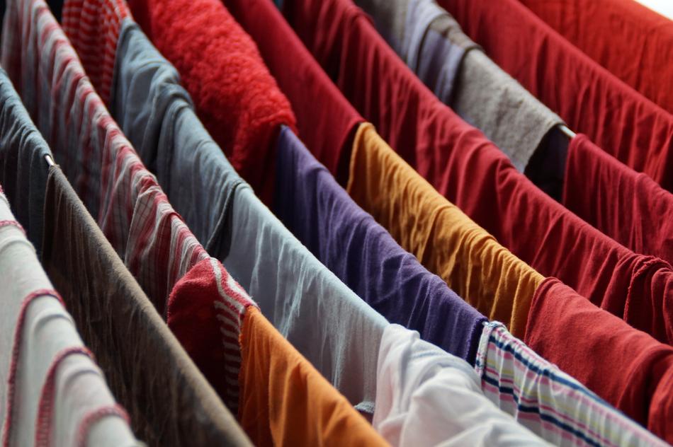 Close-up of the colorful, hanging laundry clothes