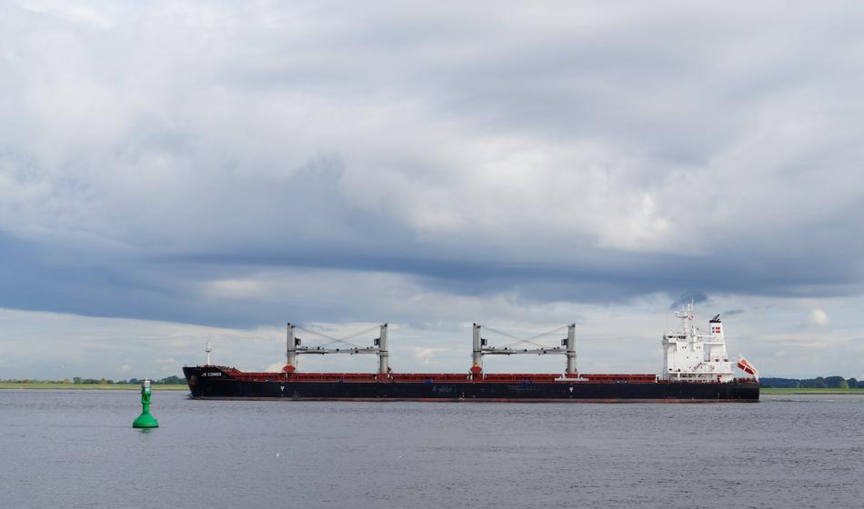 Waterscape with the container ship, near the shore, under the clouds