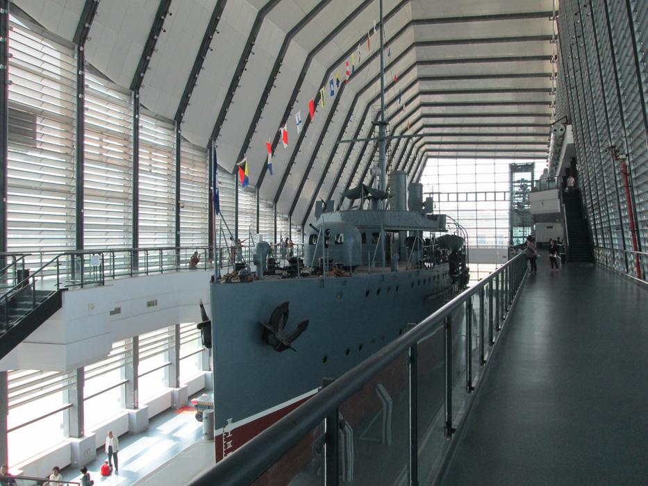 Zhongshan, old chinese Gunboat in museum, front side view