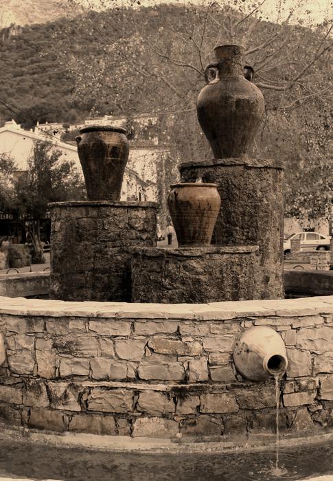 sepia, fountain with jugs in cadiz, Spain