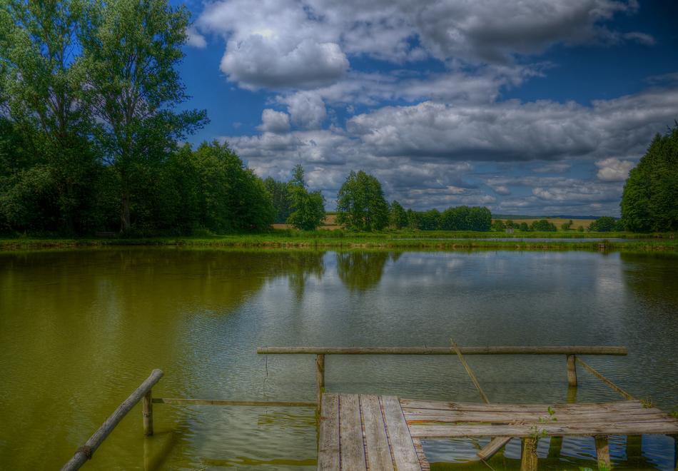 Beautiful landscape of the pond with pier, among the plants, in Willmersbach, Germany