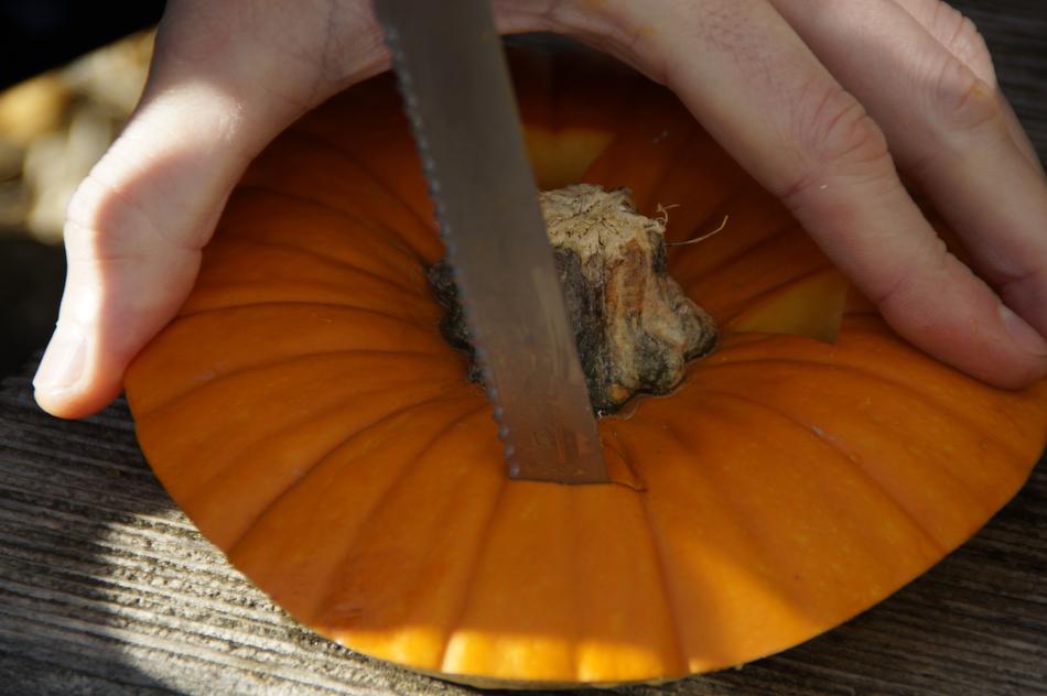 Person carving in the Pumpkin, with knife, in the autumn