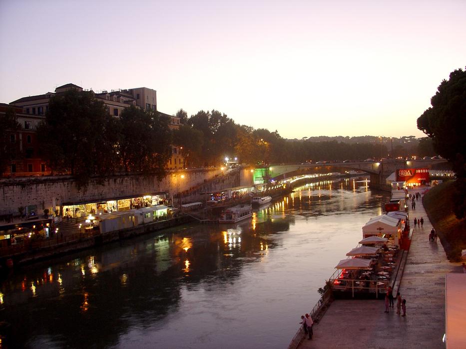night illumination of the embankment of the tiber river in Rome