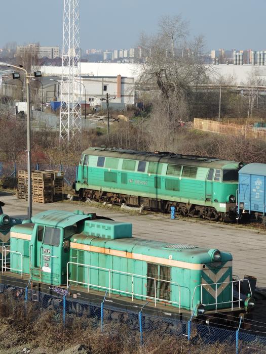Landscape with the trains on the railway, among the plants, under the blue sky