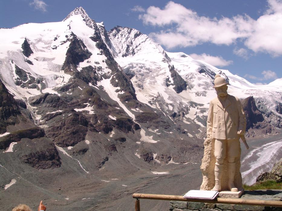 Beautiful landscape with the statue near the snowy Großglockner in Austria