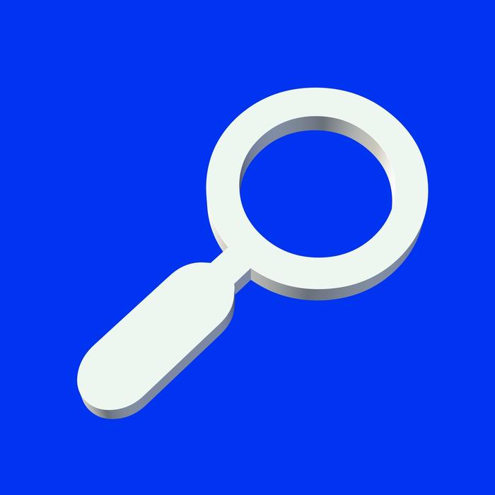 White, 3d model of magnifying glass, at blue background, clipart