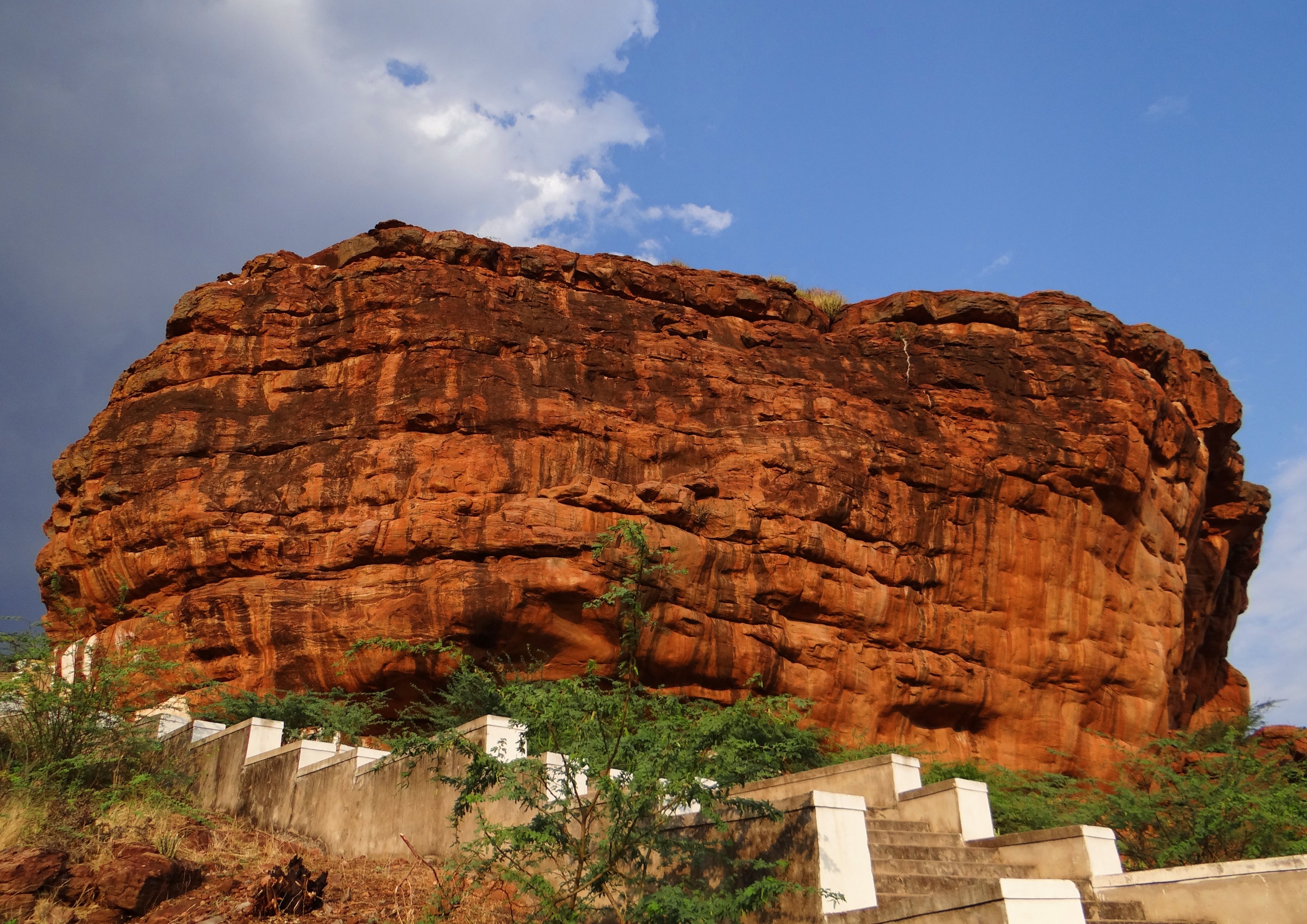 Stairway To Red Sandstone Cliff, India, Badami Free Image Download