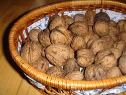 Close-up of the brown walnuts, in the beautiful wicker basket